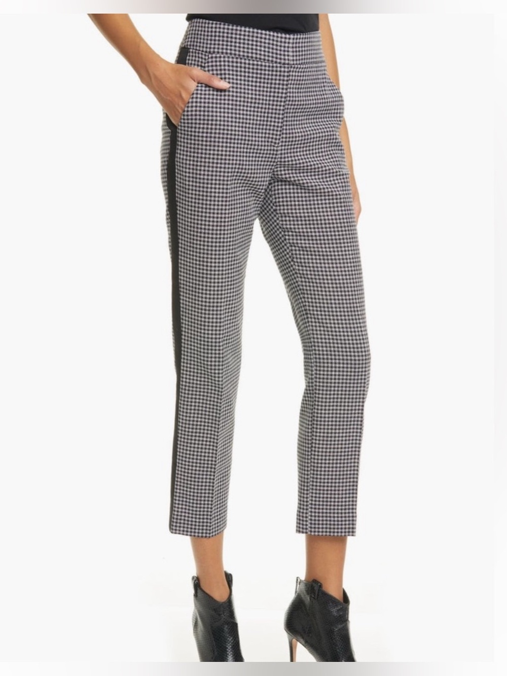Veronica Beard Black and White Houndstooth Capris with Side Stripe